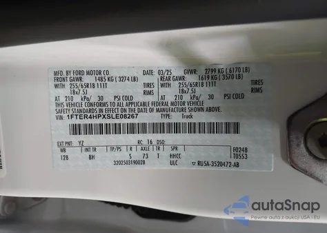 2025 Ford Ranger Xlt из США, поврежденный, VIN 1FTER4HPXSLE08267